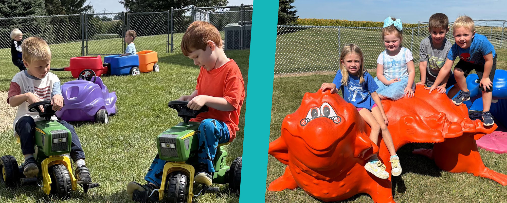 Kids playing on tractors and kids sitting on a toy caterpilar